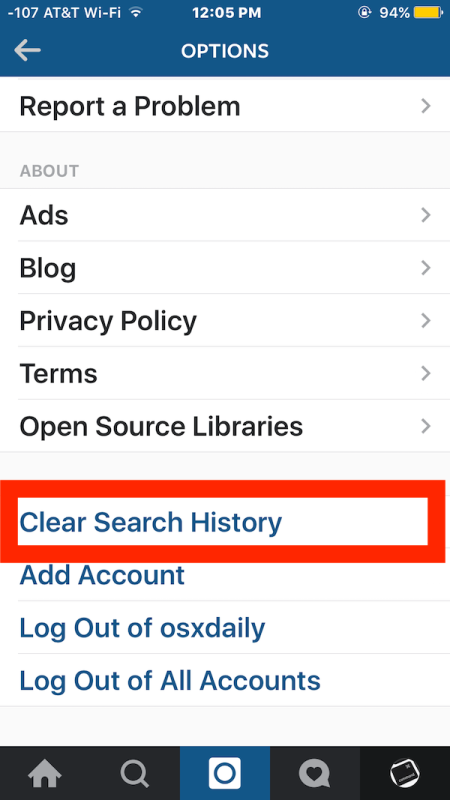 Clear instagram search history