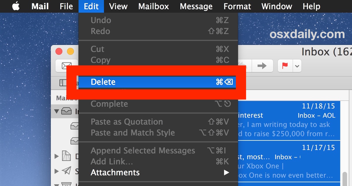 Delete all selected emails in Mac Mail app