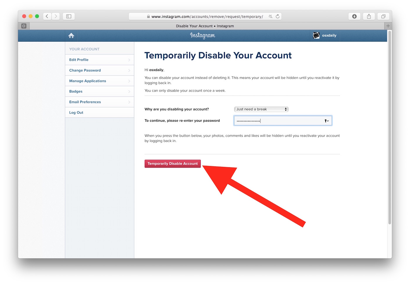 How to temporarily disable Instagram account and deactivate it