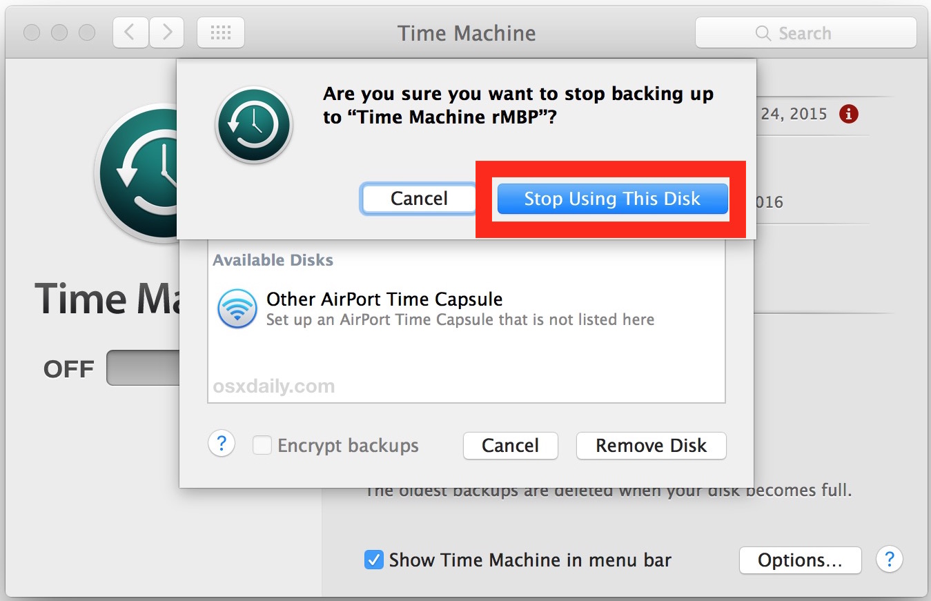 Подтвердите удаление диска и остановку резервного копирования на этот конкретный том из Time Machine.
