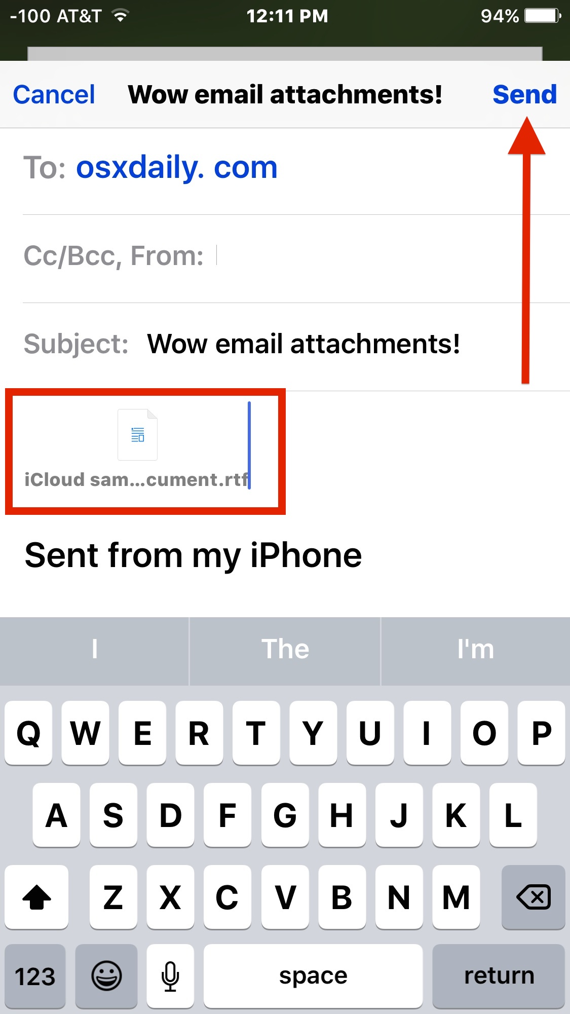 Отправить электронное письмо с вложением в Mail для iOS