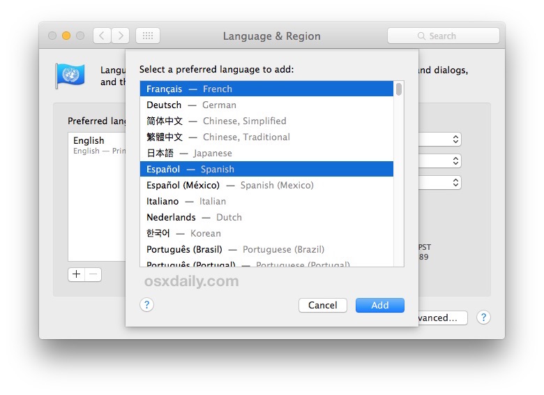 Add multiple new languages to Mac OS X to change to