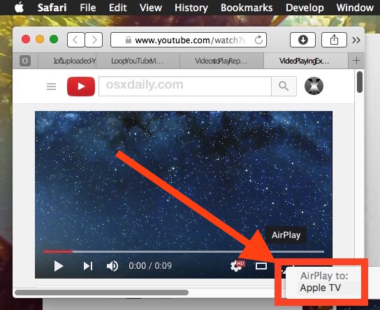 Select AirPlay YouTube from Mac to Apple TV