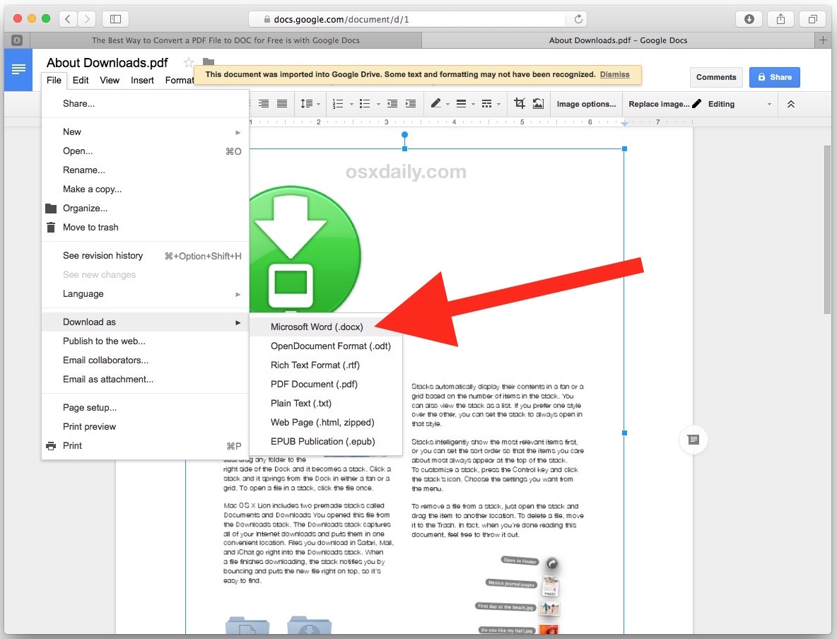 Convert PDF file to DOCX Word in Google Docs
