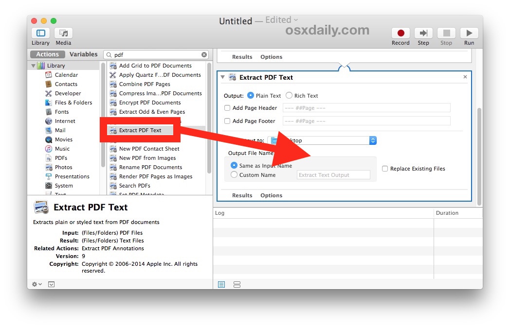 Converting a PDF to Text document in Mac OS X with Automator