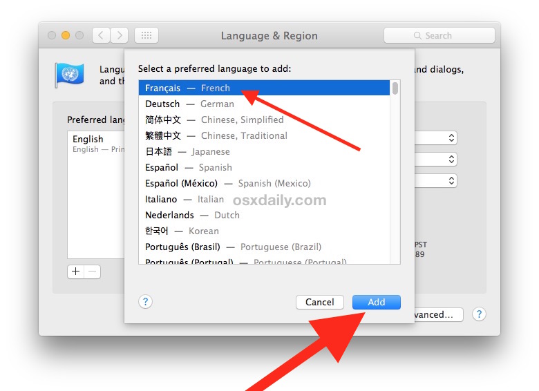 choose the language to add to the Mac