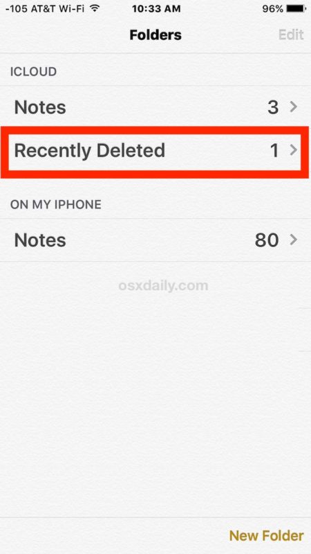 Select the recently deleted notes folder