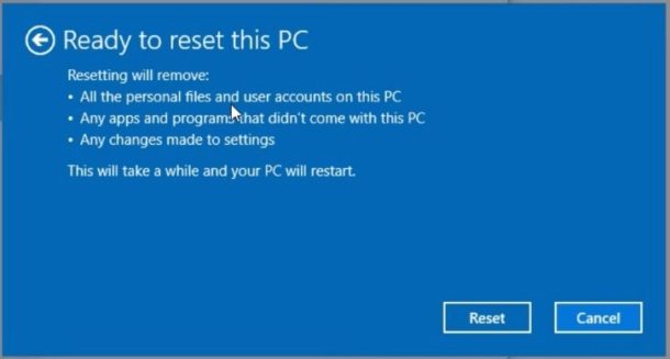 Confirm to reset the PC and reinstall Windows and remove all data