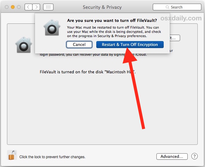 Расшифруйте диск и перезагрузите Mac, чтобы отключить FileVault.