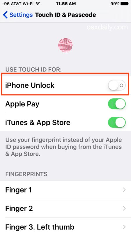 Disable Touch ID on iPhone