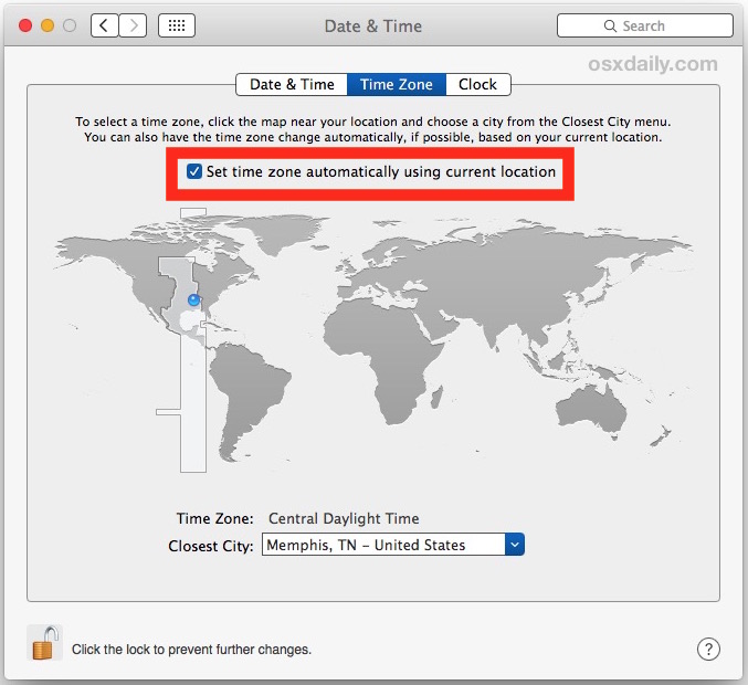 Установите часовой пояс, чтобы исправить неправильное время и дату в Mac OS X