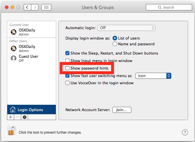 Hide password hint in Mac OS X login screen