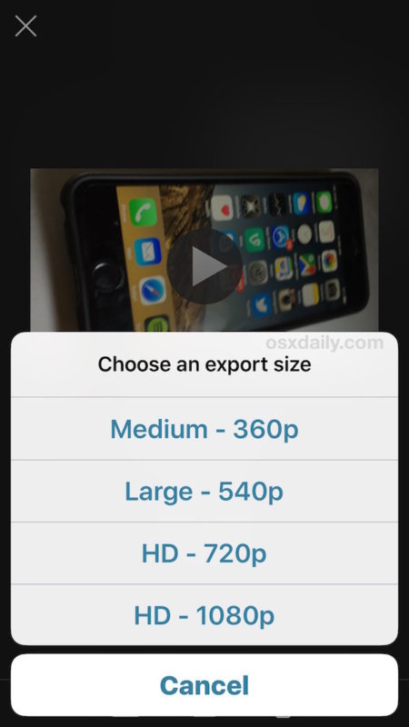 Choose resolution for video rotated on iPhone