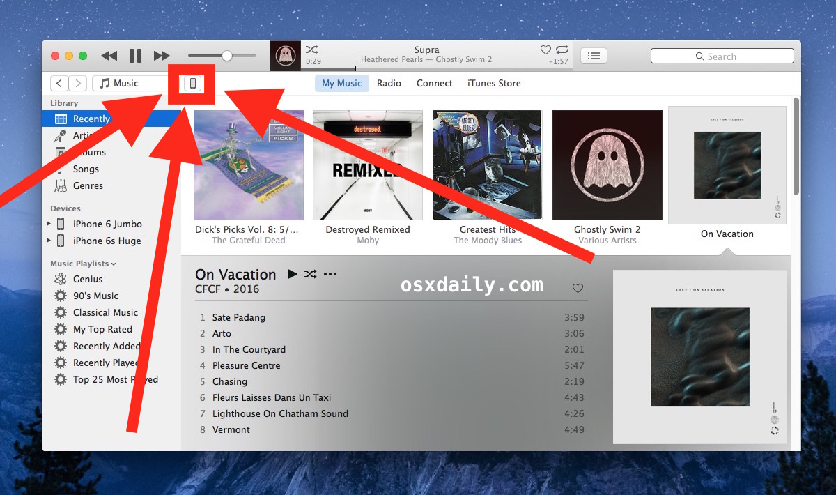 How to select an iOS device in iTunes - click the tiny button icon