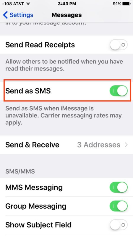 Toggle Send As SMS to be enabled on iPhone