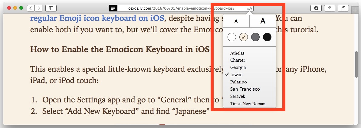 Настройка внешнего вида Safari Reader в Mac OS X