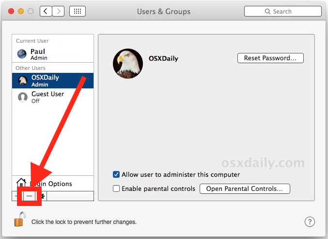 Выберите учетную запись пользователя для удаления из Mac OS X