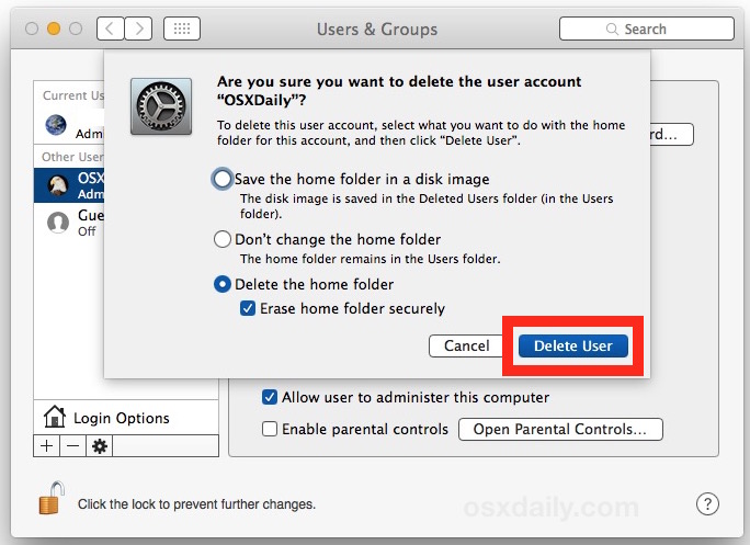 Подтвердите удаление учетной записи пользователя с Mac