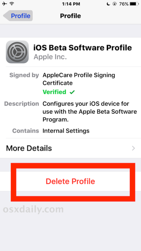 Удалить бета-профиль iOS