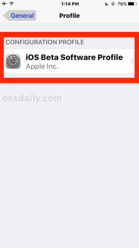 Выберите профиль бета-версии программного обеспечения iOS