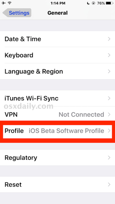 Выберите Профиль, чтобы удалить сертификат профиля обновления бета-версии программного обеспечения iOS.