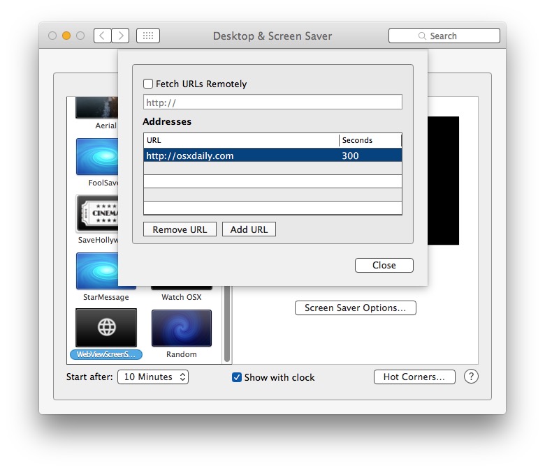 Add website to screen saver Mac OS X