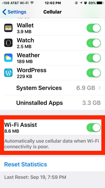 Wi-Fi Assist settings on iPhone