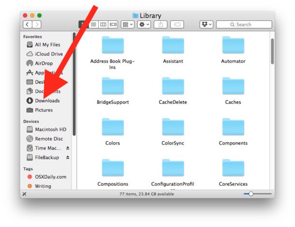 Расположение папки загрузок на боковой панели Mac