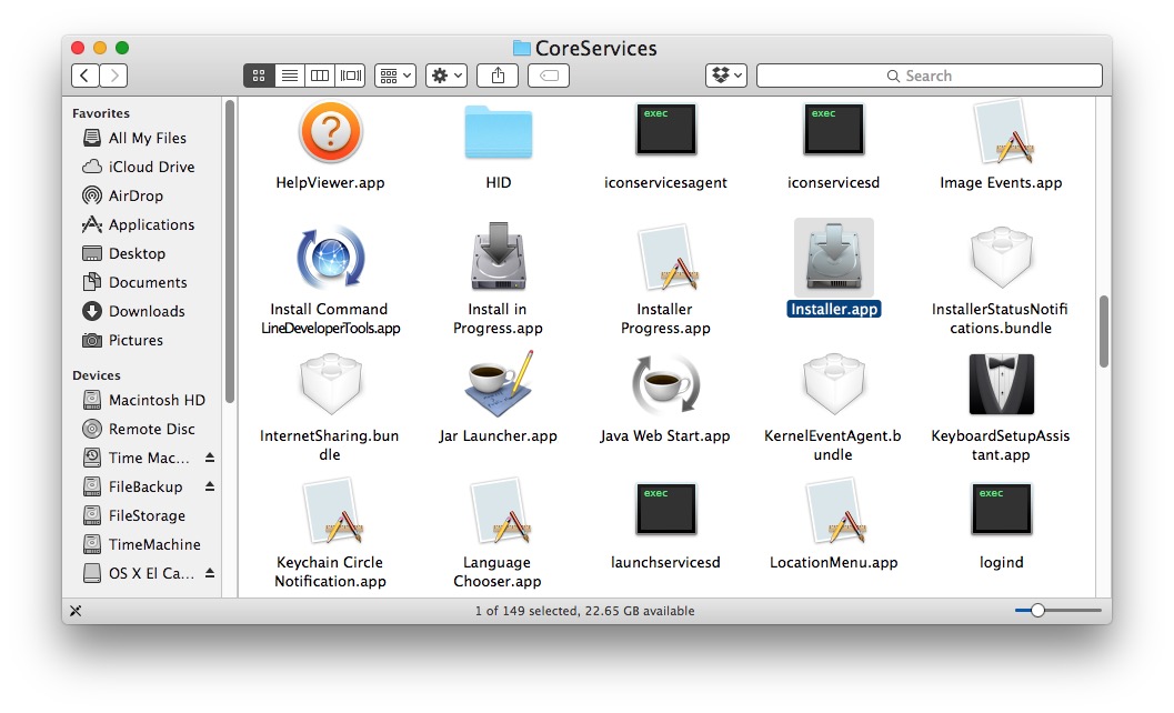Перейдите в папку CoreServices и откройте приложение Installer.