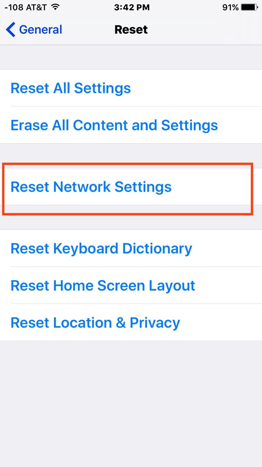 Reset Network Settings in iOS