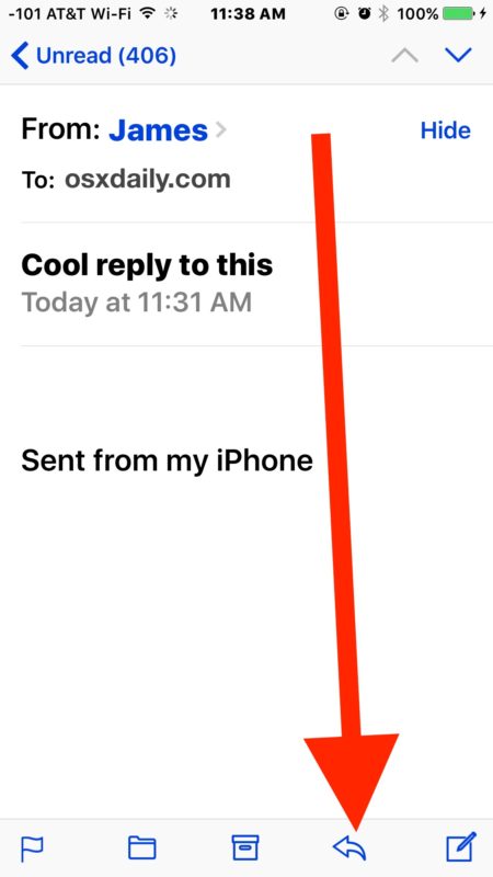 Нажмите кнопку «Ответить», чтобы ответить на электронное письмо в iOS.