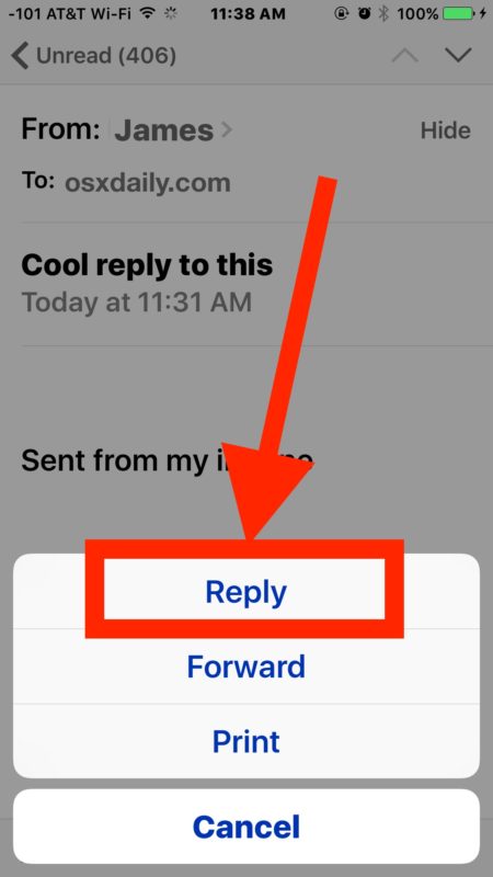 Choose the REPLY option to reply to an email message on iPhone