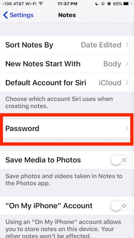 Reset Notes password iOS