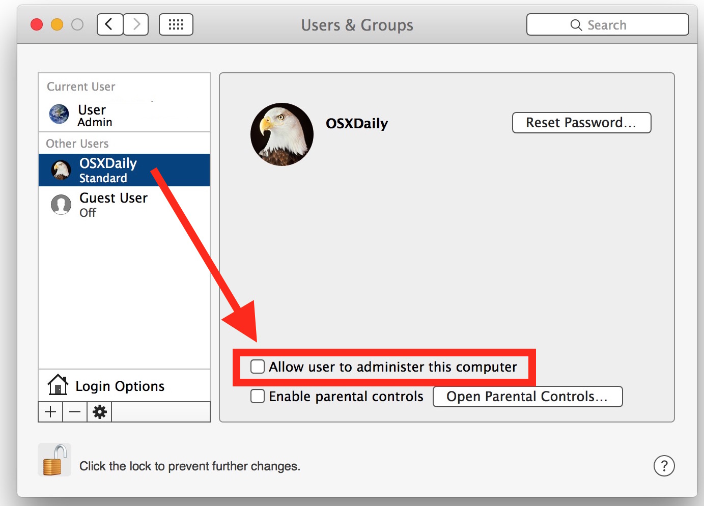 Измените стандарт на учетную запись администратора в Mac OS X