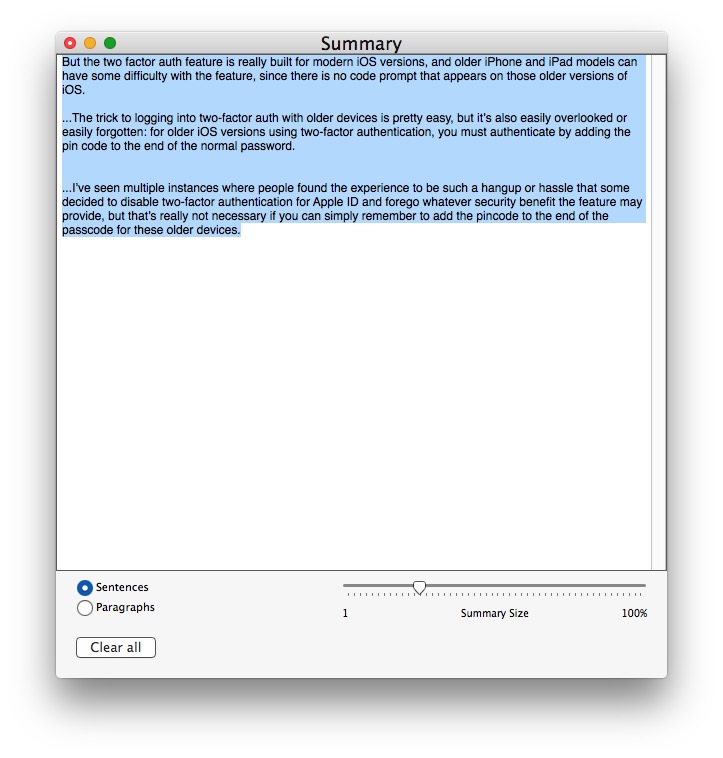 Adjusting the Summarize text on Mac
