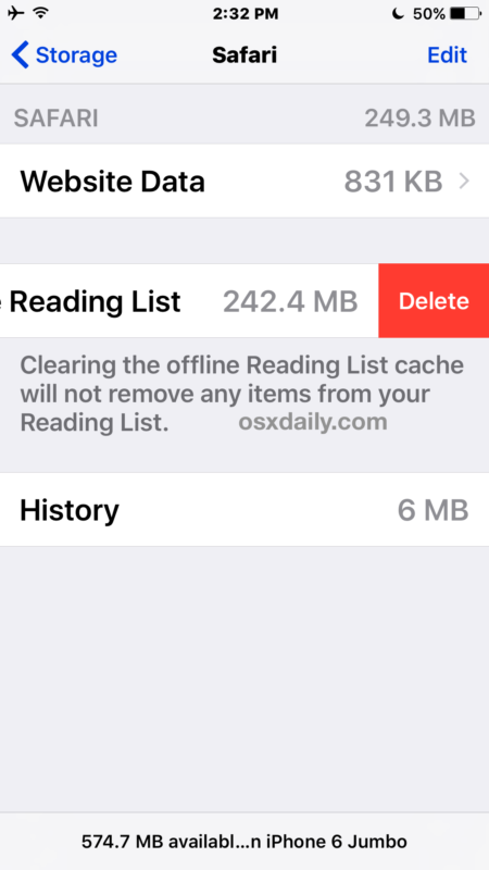 Delete offline Safari Reading List cache iOS