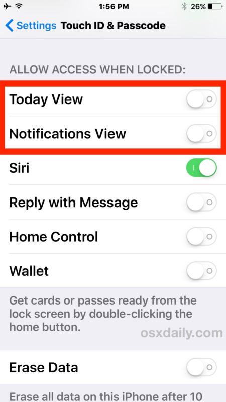 Отключить виджеты и экран сегодняшнего дня на экране блокировки в iOS 10