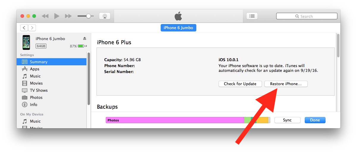 Downgrade iOS 10 with iTunes