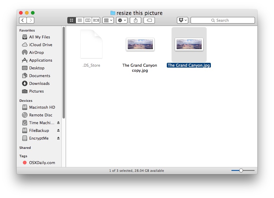 Найдите изображение для изменения размера в Mac Finder
