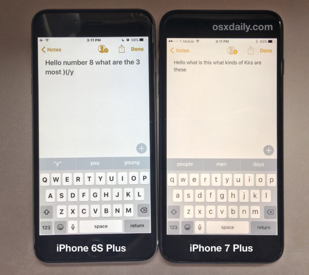 iPhone 7 Yellow Screen side by side with iPhone 6S screen