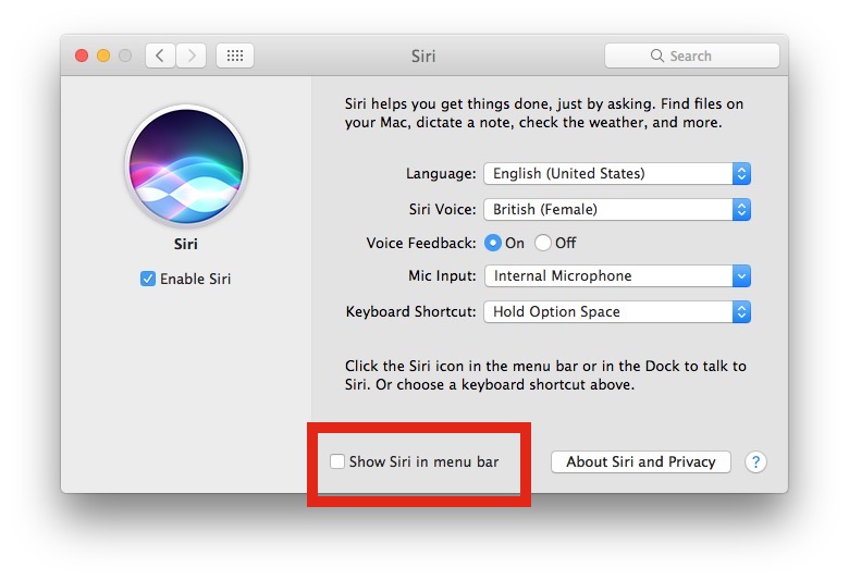 Скрыть значок панели меню Siri в MacOS