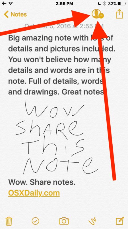 Tap the person button to share the note