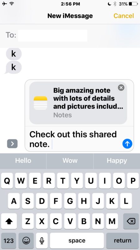 Sharing a note with Messages