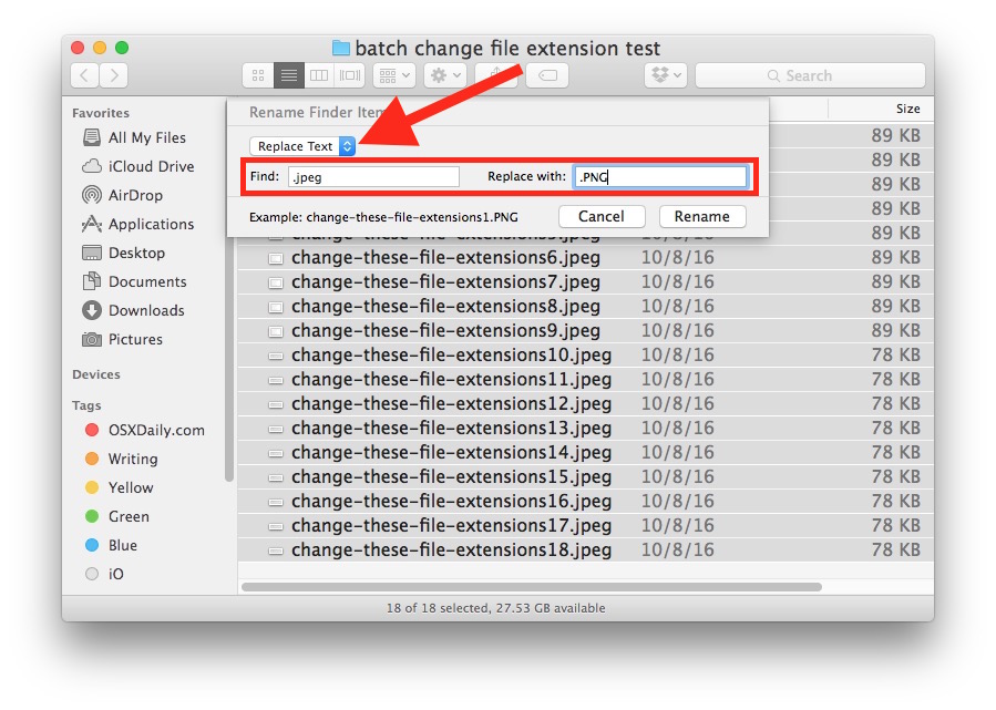 Replace one file extension with another file extension