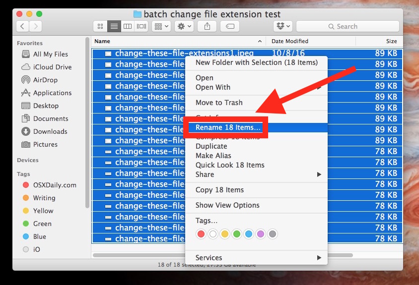 Выберите все файлы и выберите переименовать, чтобы изменить их расширения.