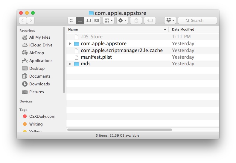 The Mac App Store cache temp data folder