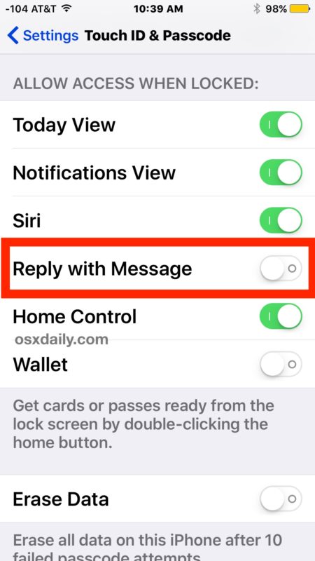 Disable Reply to Message from lock screen in iOS