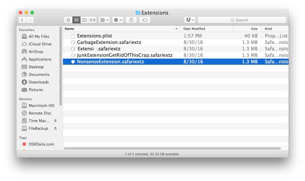 Удалите расширения Safari из местоположения расширений Safari на Mac