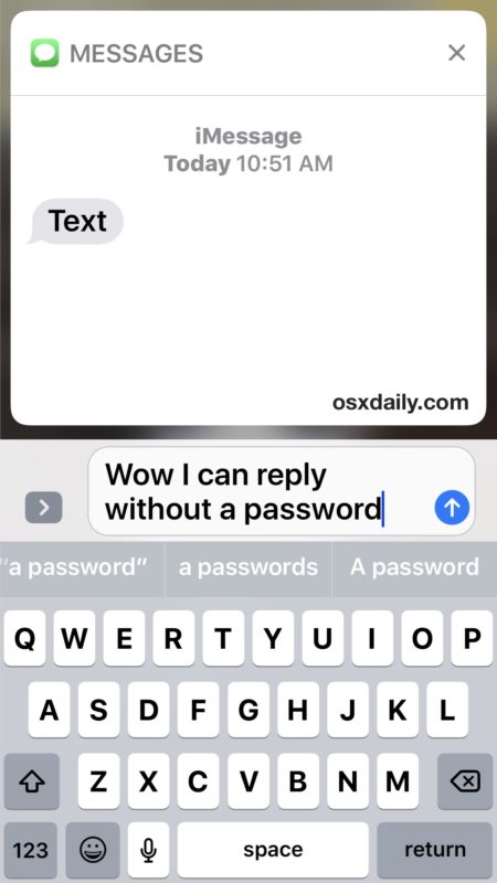 Read and reply to messages from lock screen without password approval in iOS