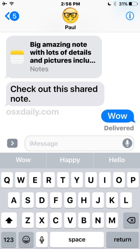 The receiving end of a note invite in iOS 